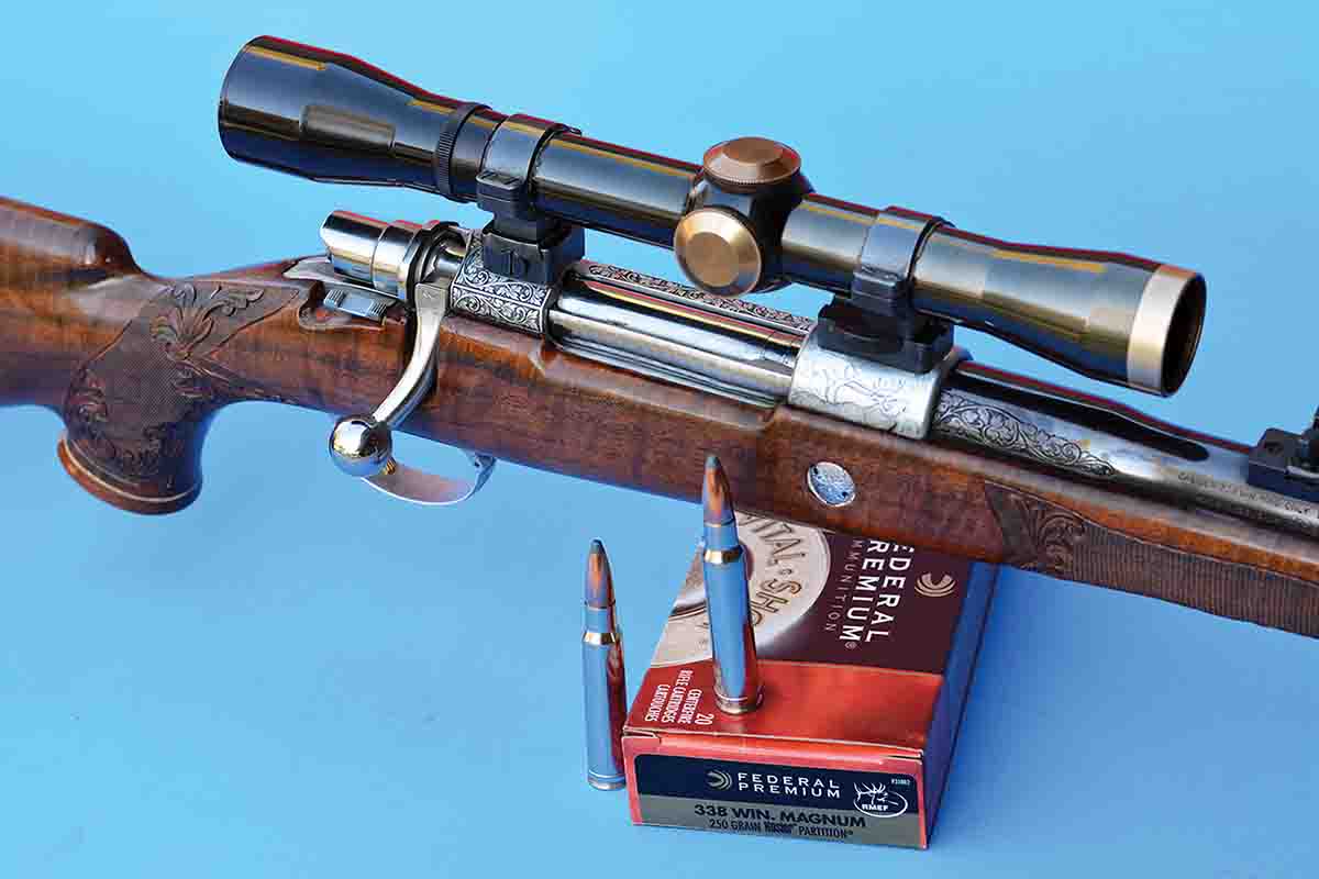 One of Brian’s favorite .338 Winchester Magnum rifles includes this Elmer Keith-owned Browning FN High Power Olympian Grade, that was reported to be the first one produced. Accuracy is superb.